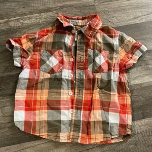 Cherokee, toddler boy, orange and red plaid, button down collared shirt.